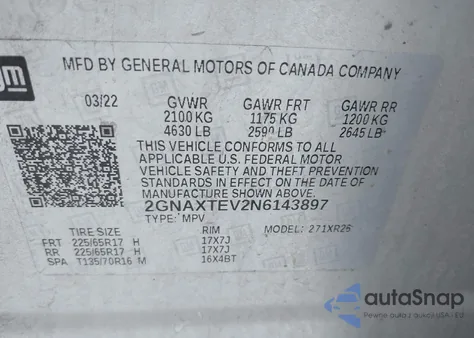 2022 Chevrolet Equinox Awd 2Fl from USA, damaged, VIN 2GNAXTEV2N6143897